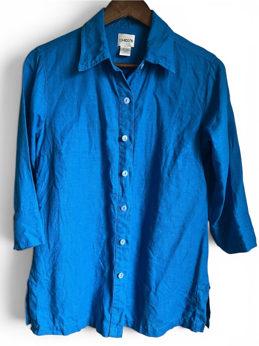 Chico’s Blue 100% Linen Button Front Shirt 3/4 Sleeve Coastal Resort Top Size 0